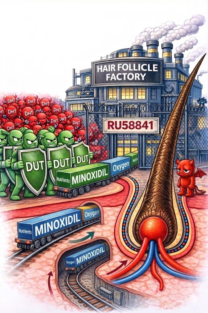 Full protection - RU58841 fence blocking DHT with DUT shields and Minoxidil trains